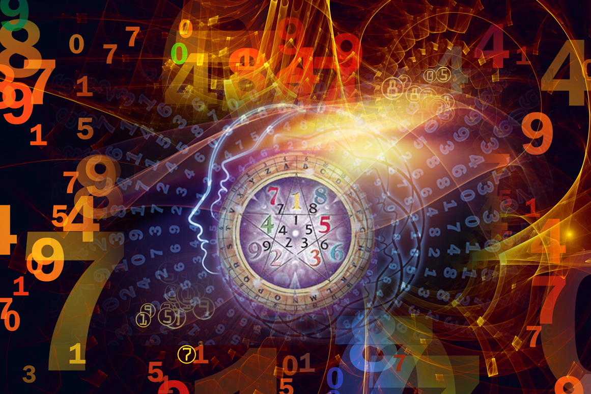 A person head outline in the middle and different numbers in the background