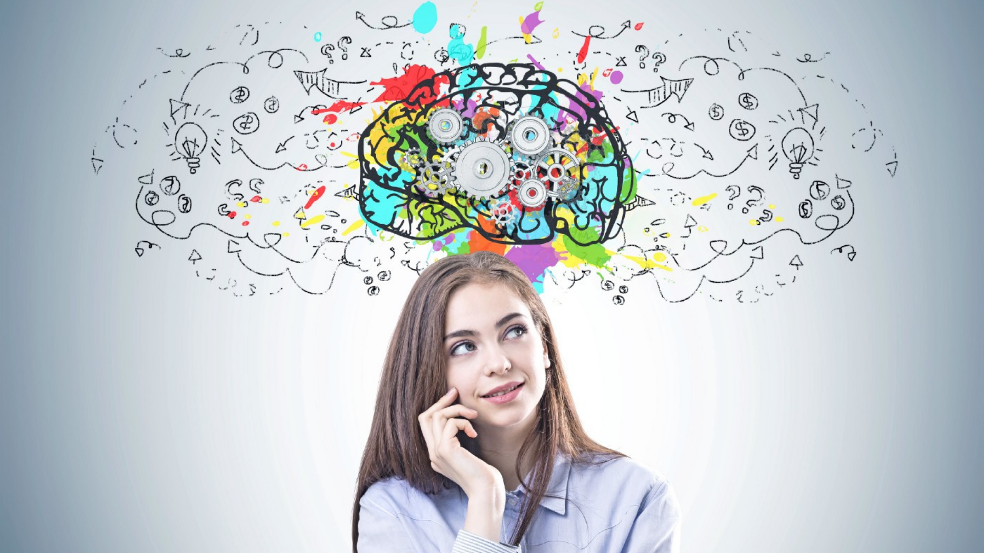A woman thinking of something with a brain and some doodles above her head