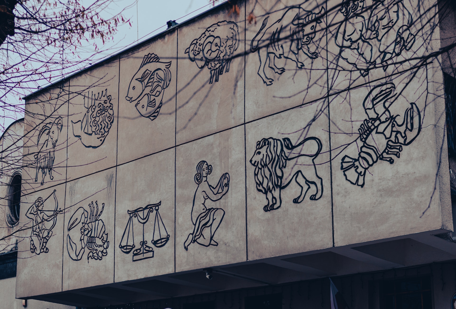 The Chinese zodiac signs painted in black on a cement wall, with six signs on each of the two rows