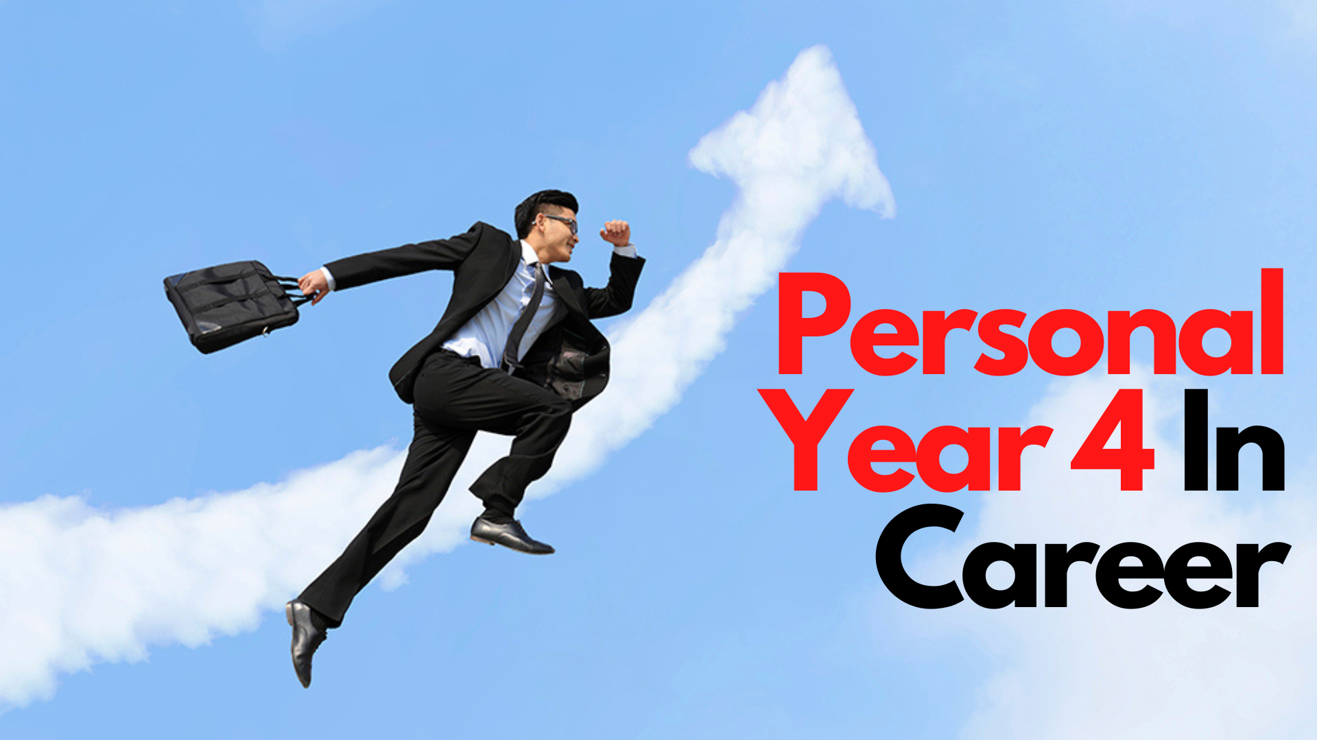 A man wearing a black coat holding a case jumping high with words Personal Year 4 In Career