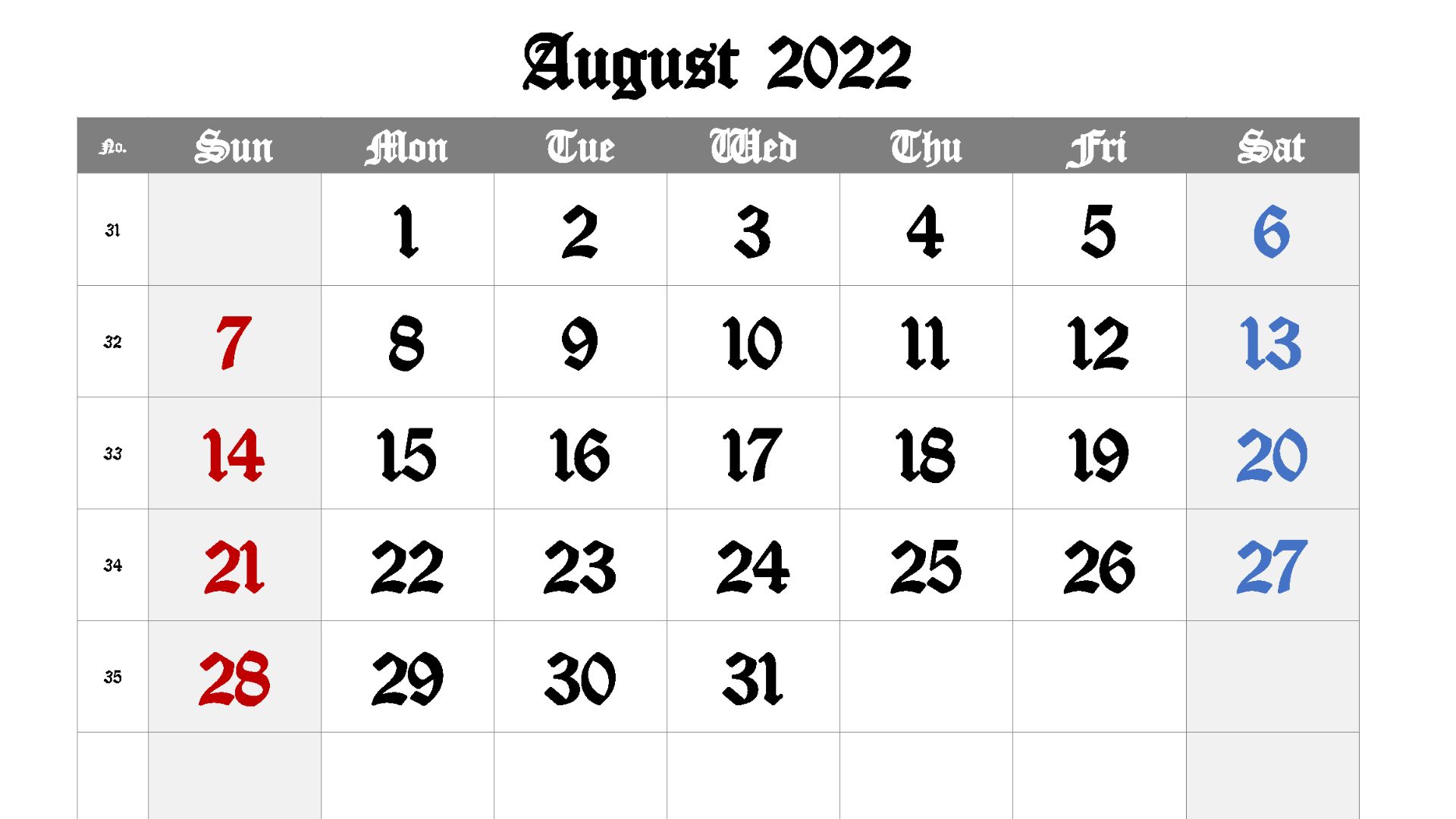2022 August Calendar