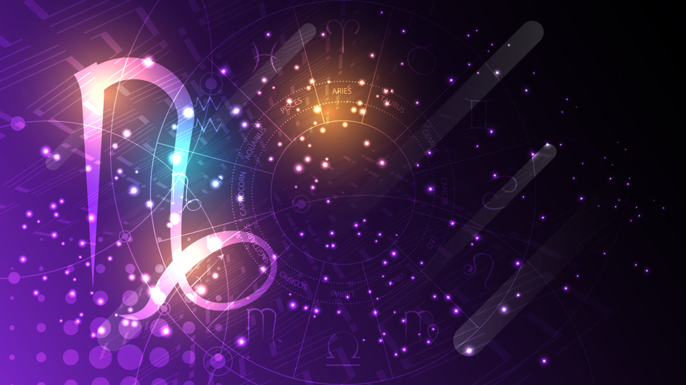 Capricorn Zodiac sign on dark sky background.